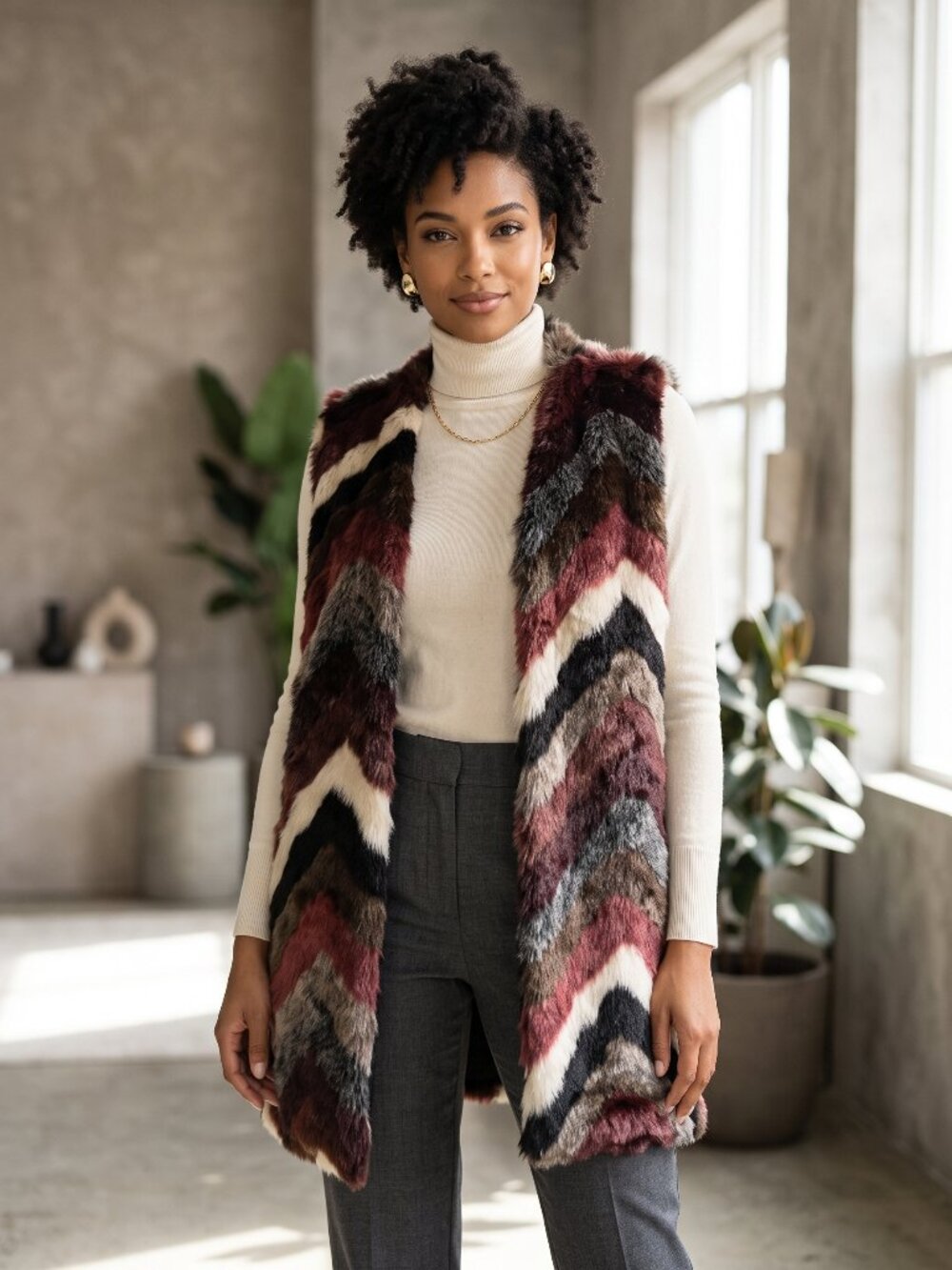 Joseph A Burgundy Chevron Faux Fur Colorblock Open Front Vest L